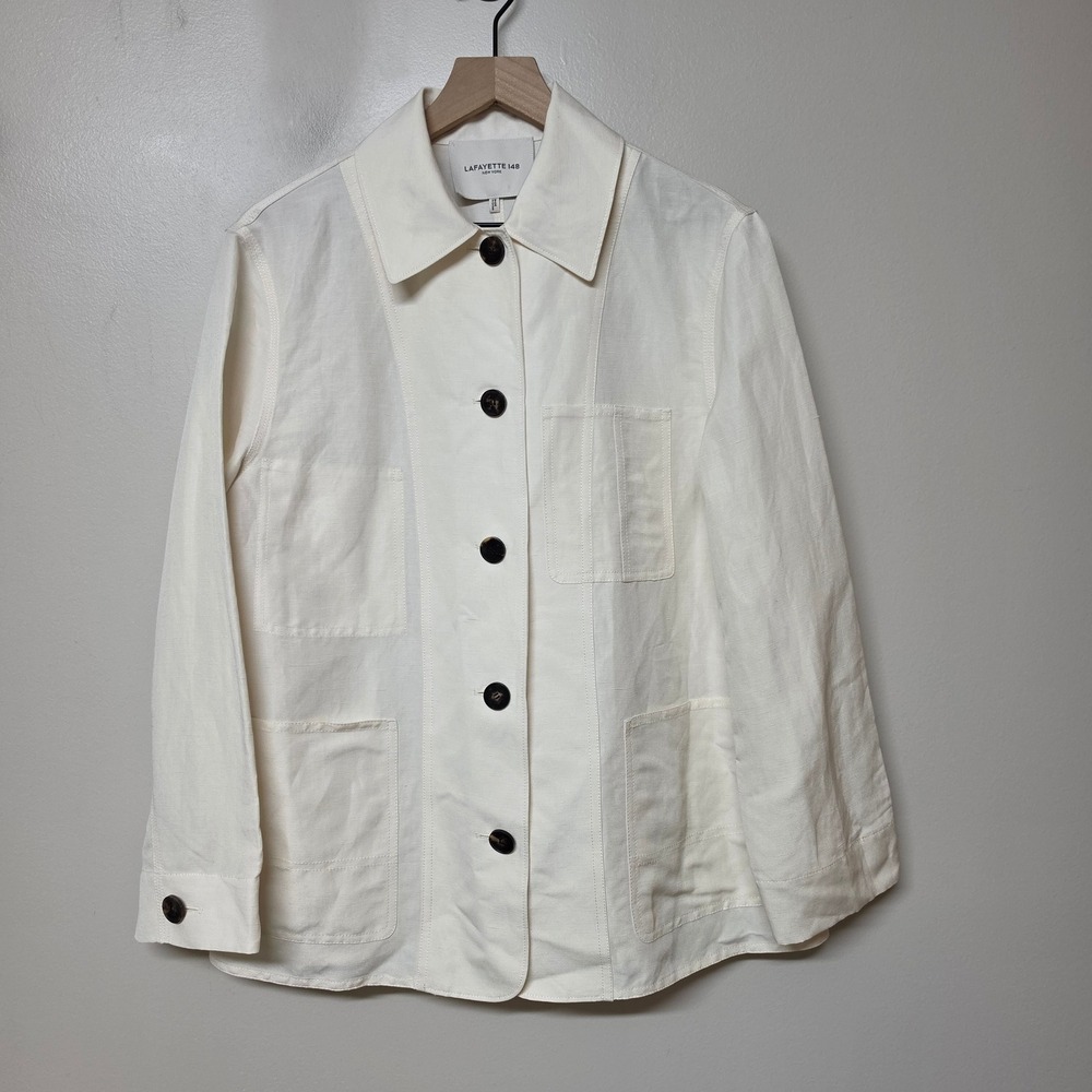 Lafayette 148 New York Silk Linen Chore Jacket Ivory White Utility Coat Small